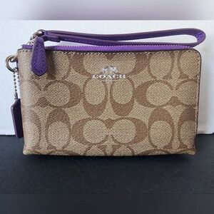 Coach Double Zip Wallet In Signature F16109 Khaki/ Purple Wristlet